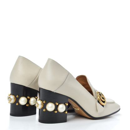 Gucci Betis Glamour Calfskin Web Pearl Embellished Peyton 75mm Loafer Pumps 38 Mystic White 4 of 7