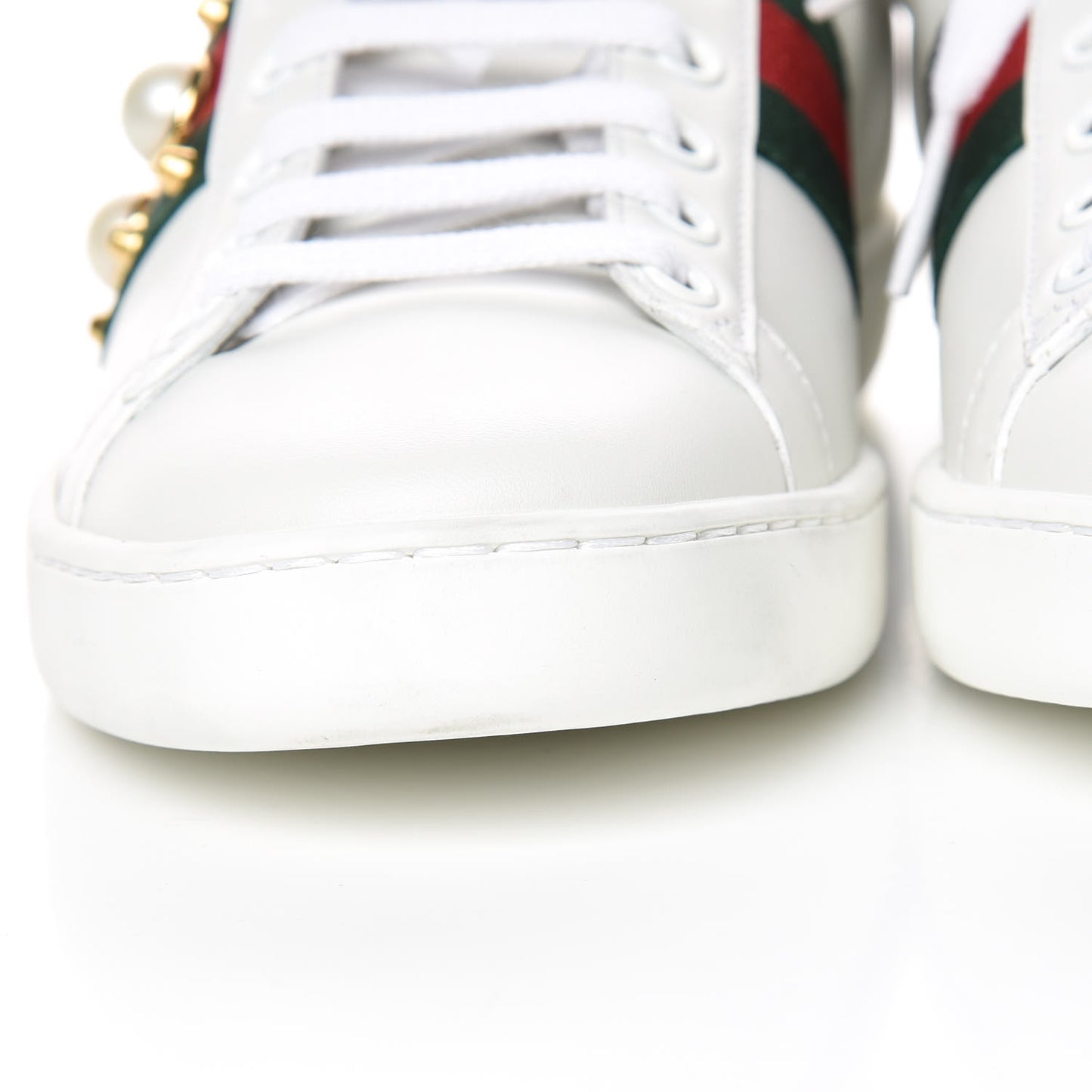 Calfskin Web Pearl Studded Womens Ace Sneakers 35.5 White