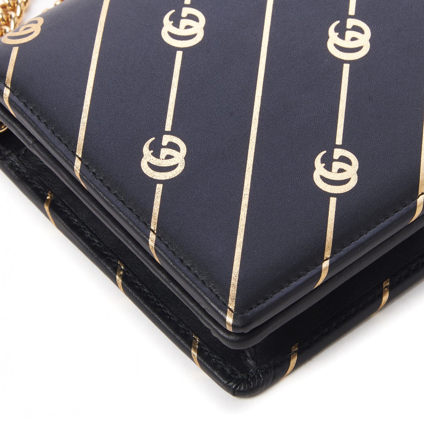 Calfskin Diagonal GG Mini Chain Wallet Black Gold