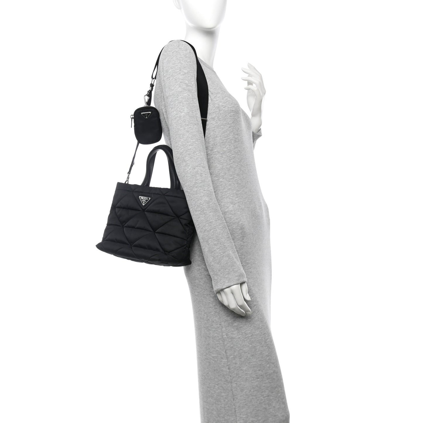 Re-Nylon Nappa Triangle Quilted Padded Double Handled Zip Pocket Tote Black