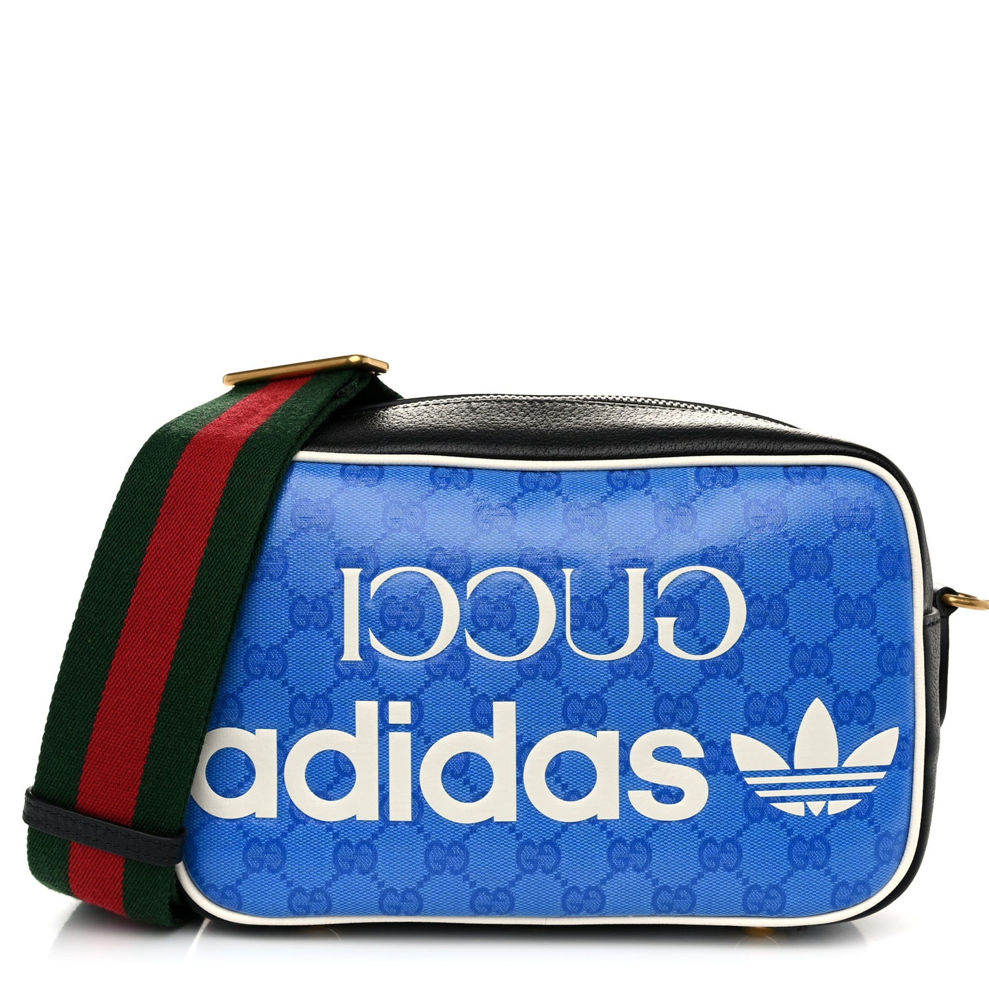X ADIDAS Crystal Vintage Monogram Textured Dollar Calfskin Web Trefoil Logo Small Messenger Bag Bright Splash Off White Black