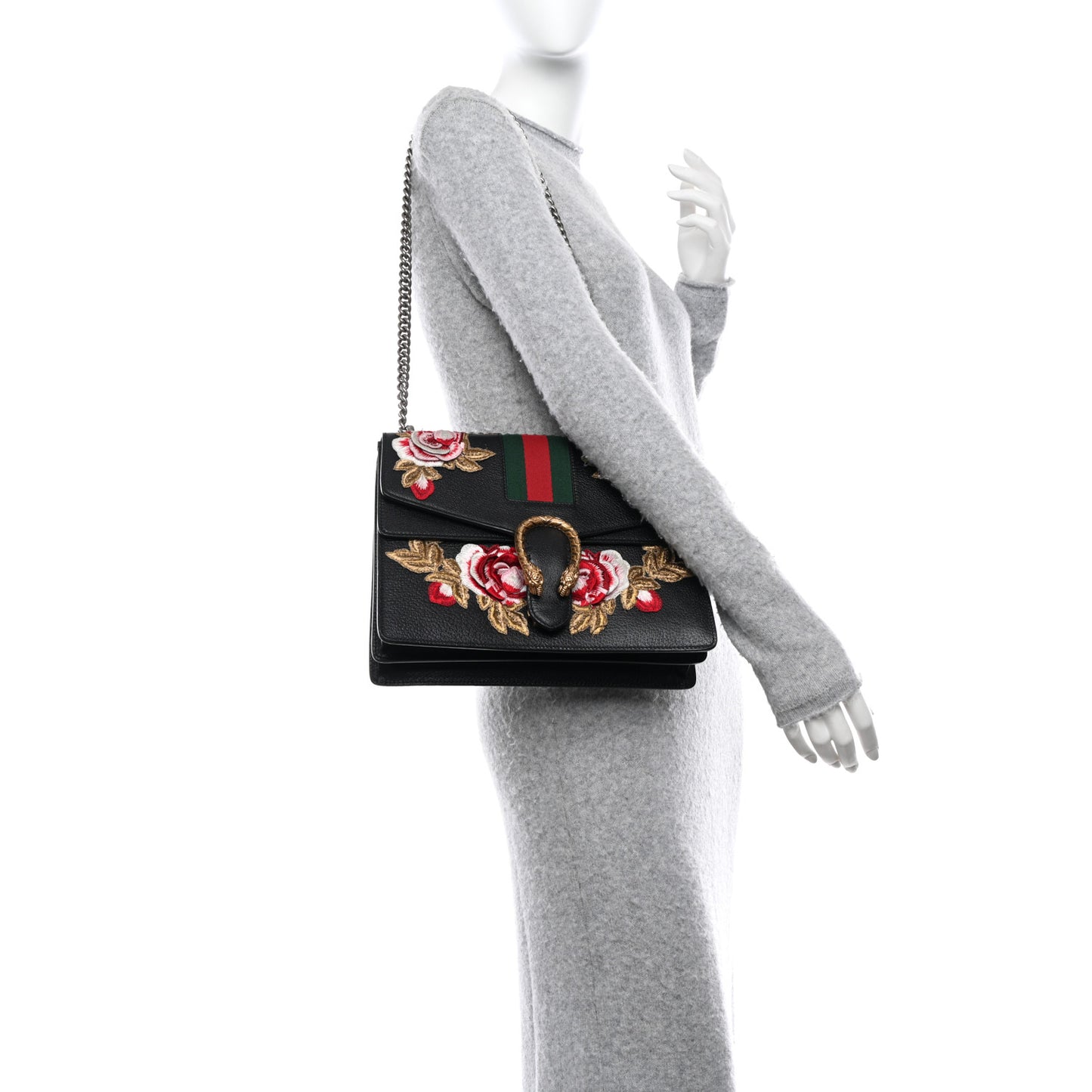 Calfskin Web Floral Embroidered Medium Dionysus Shoulder Bag Black