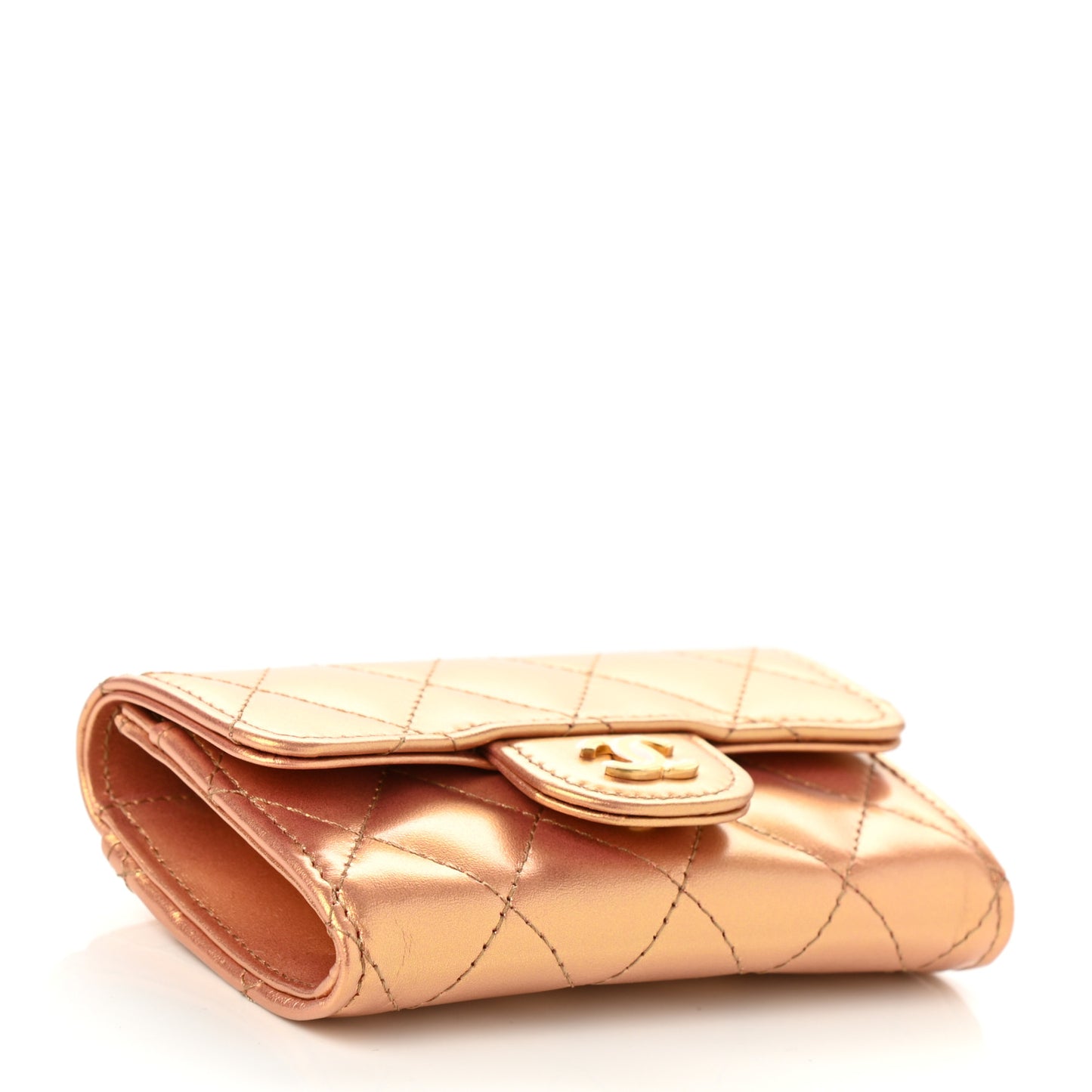 Metallic Lambskin Quilted Flap Card Holder Wallet Gold