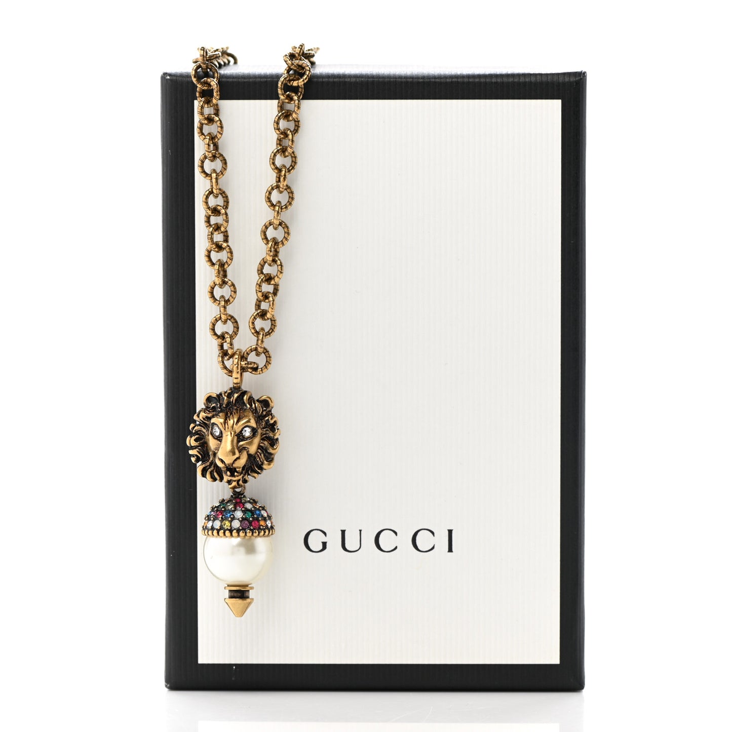 Metal Crystal Pearl Lion Head Necklace Aged Gold