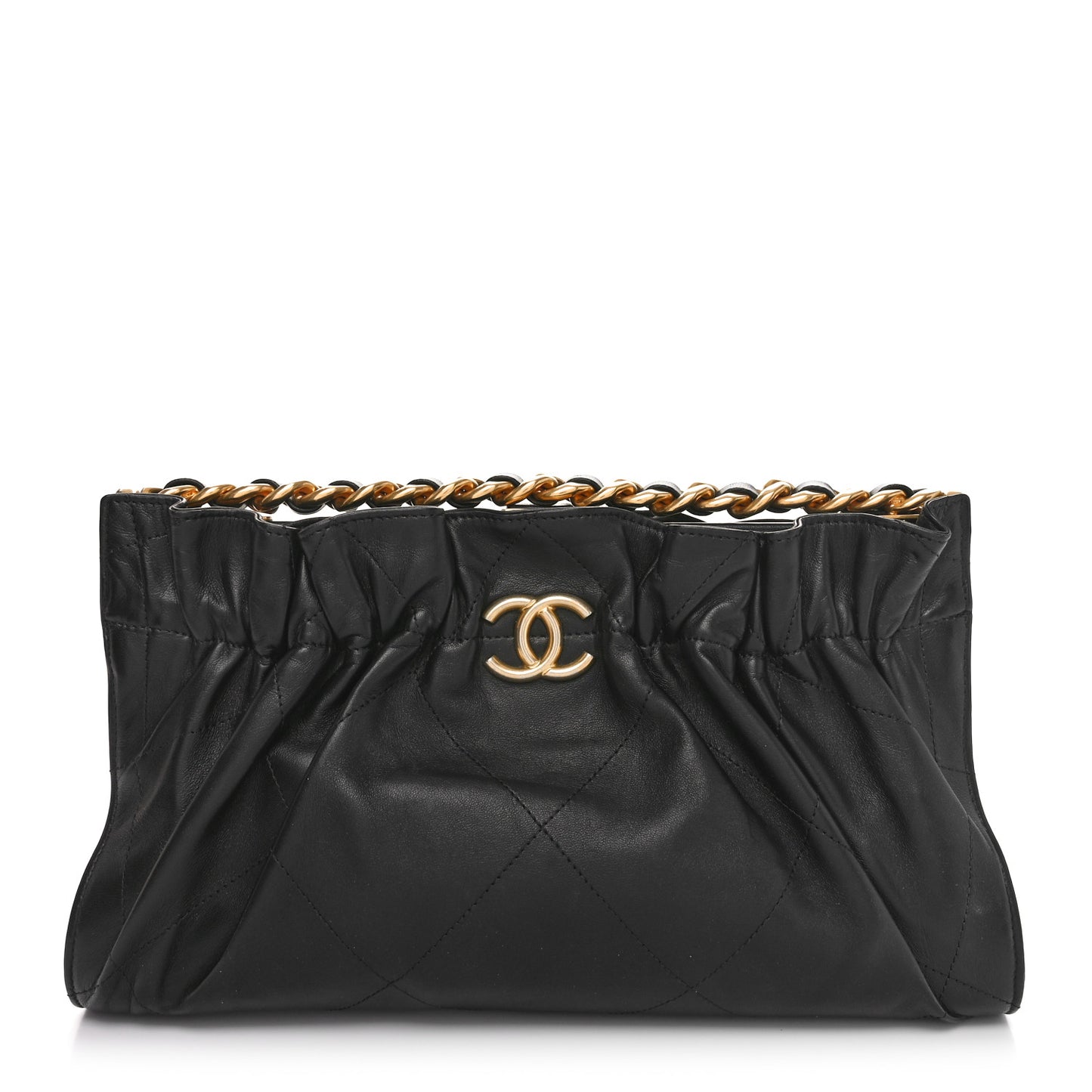 Lambskin Chain Kiss Lock Clutch Black