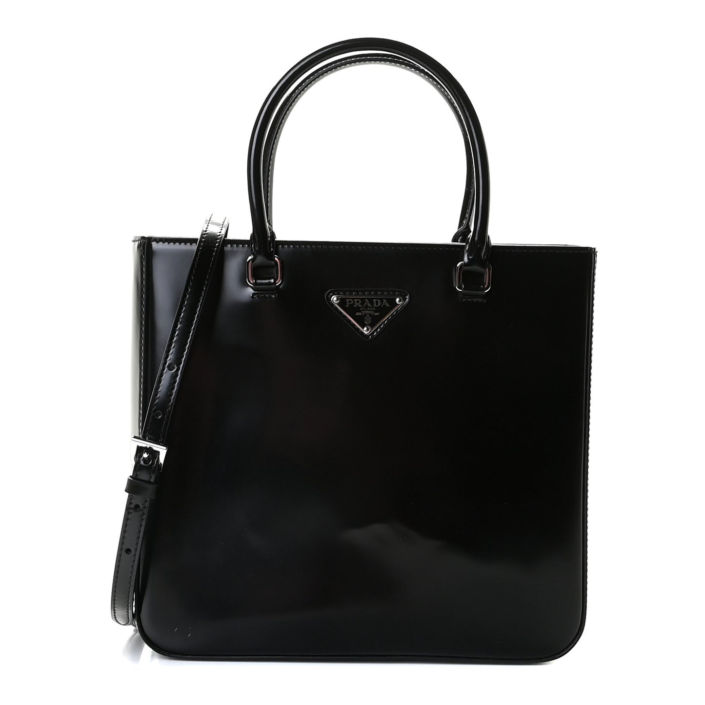 Spazzolato Metal Triangle Logo Double Handle Crossbody Tote Black