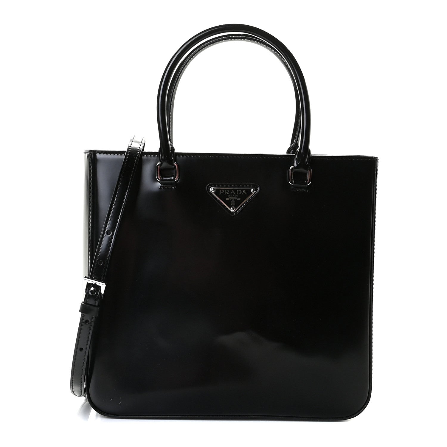 Prada Spazzolato Metal Triangle Logo Double Handle Crossbody Tote Black 1 of 10