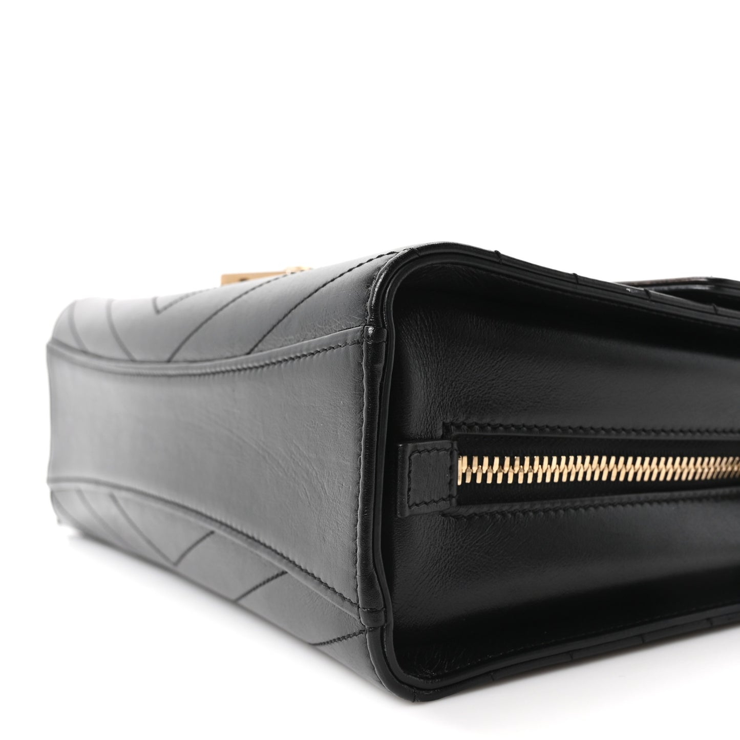 Calfskin Chevron Quilted Medal Flap Black