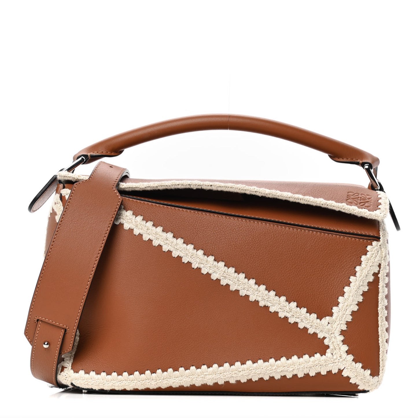 Calfskin Crochet Trim Medium Puzzle Bag Tan