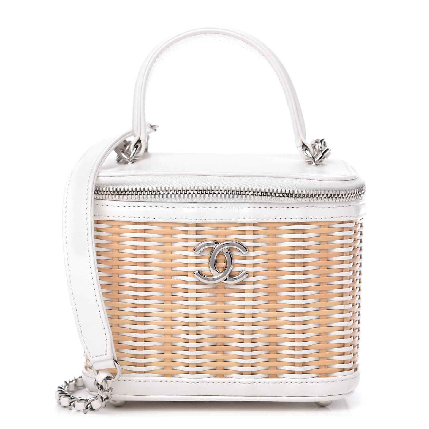 Calfskin Raffia Small Vanity Case Bag White Beige