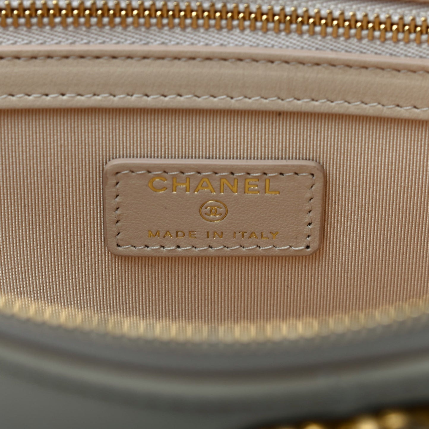 Shiny Goatskin Quilted Chanel 19 Pouch Beige