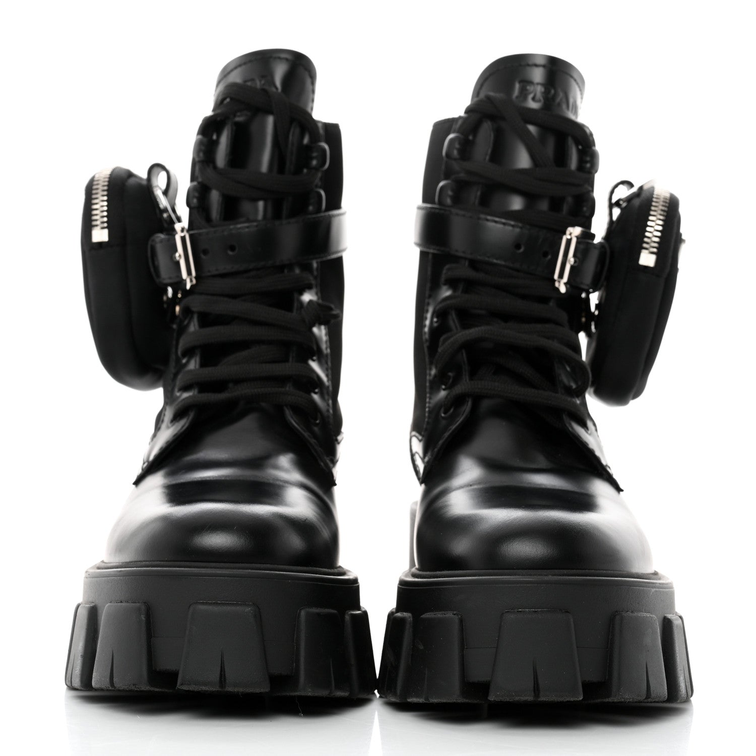 Prada Spazzolato Rois Nylon Metal Triangle Logo Monolith Pouch Pocket 55mm Boots 37 Black 2 of 8