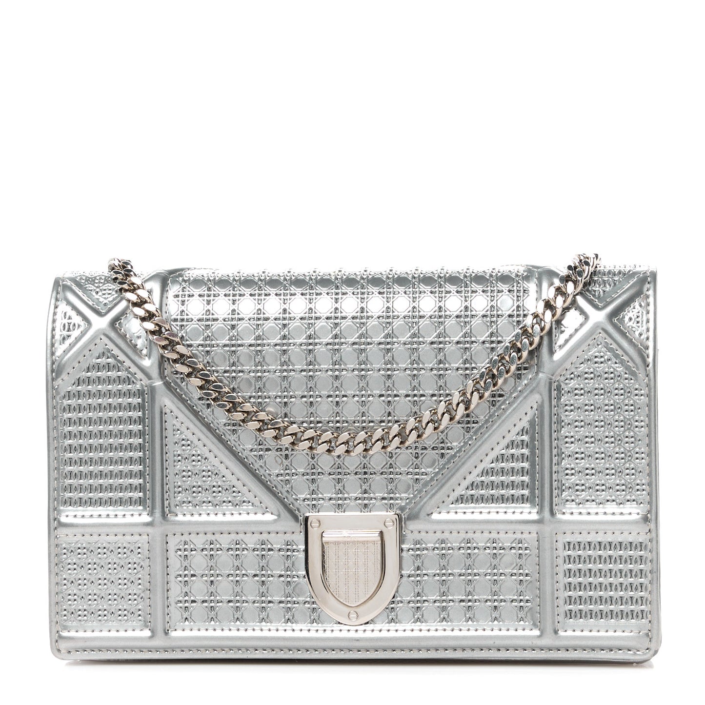 Metallic Patent Micro-Cannage Diorama Wallet on Chain Pouch Silver