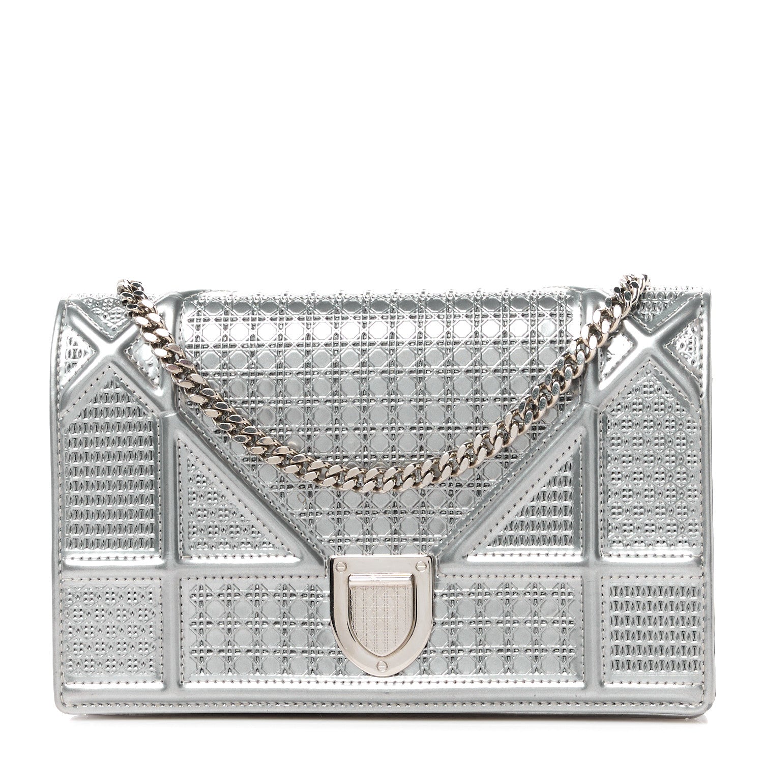Christian Dior Metallic Patent Micro-Cannage Diorama Wallet on Chain Pouch Silver 1 of 11
