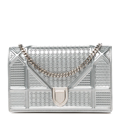 Christian Dior Metallic Patent Micro-Cannage Diorama Wallet on Chain Pouch Silver 1 of 11