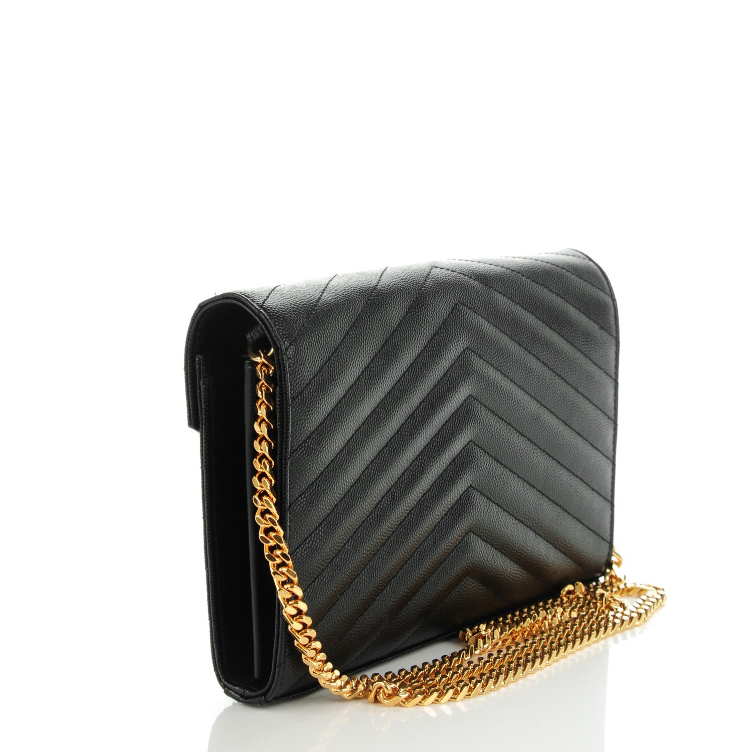 Saint Laurent Grain De Poudre Matelasse Chevron Monogram Chain Wallet Black 3 of 8