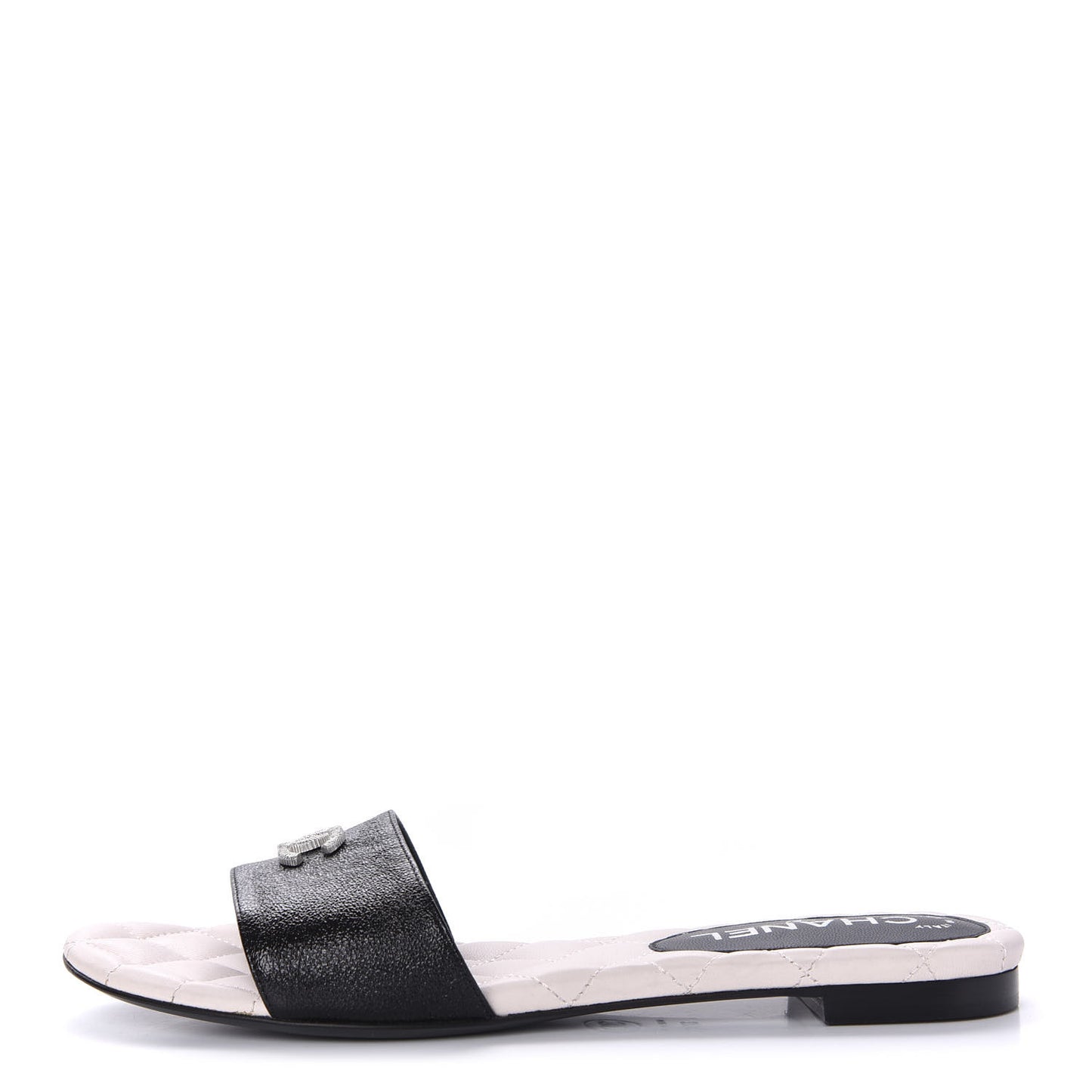 Goatskin Lambskin Quilted CC Sandal Mules 37.5 Black White