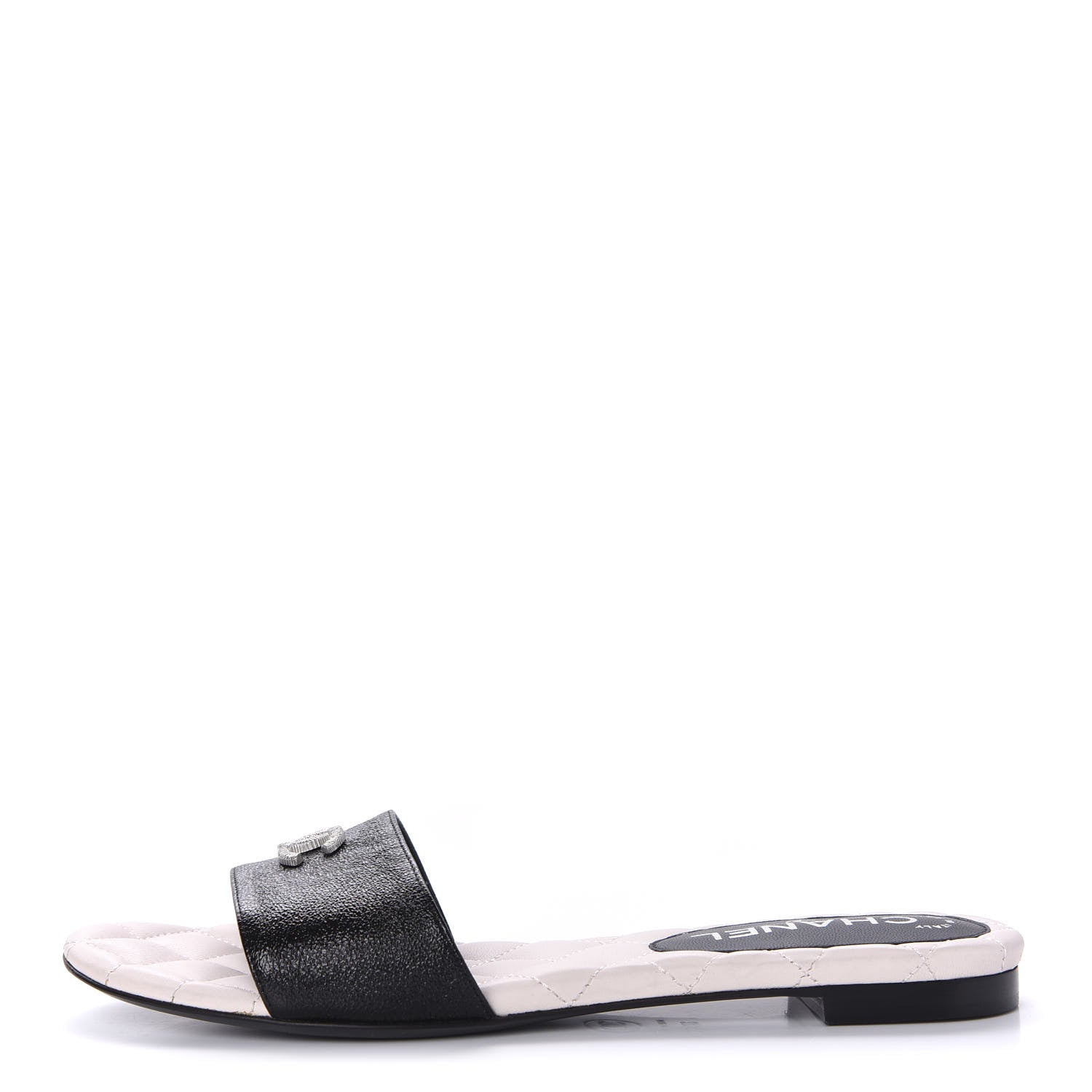 Chanel Goatskin Lambskin Quilted CC Sandal Mules 37.5 Black White 1 of 9