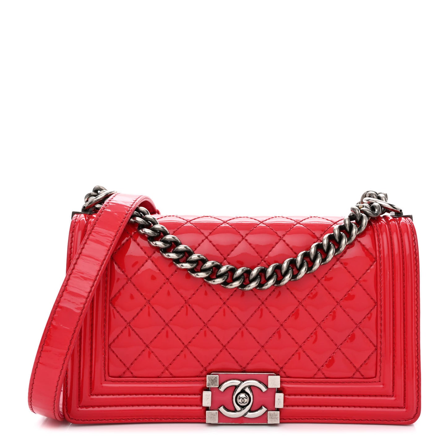 Patent Calfskin Enamel Quilted Medium Boy Flap Dark Pink