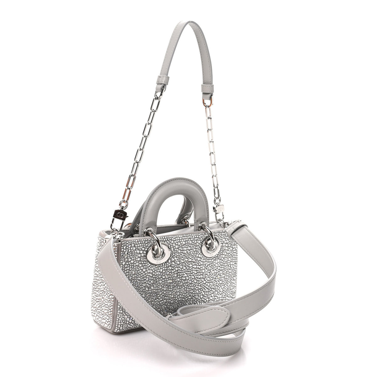 Lambskin Crystal Embroidered Mini Lady D-Joy Argent