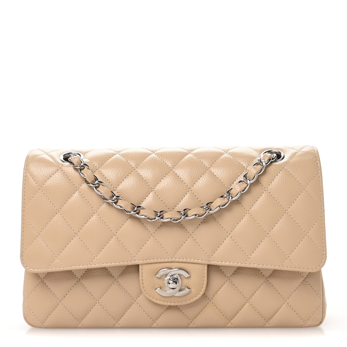 Caviar Quilted Medium Double Flap Beige