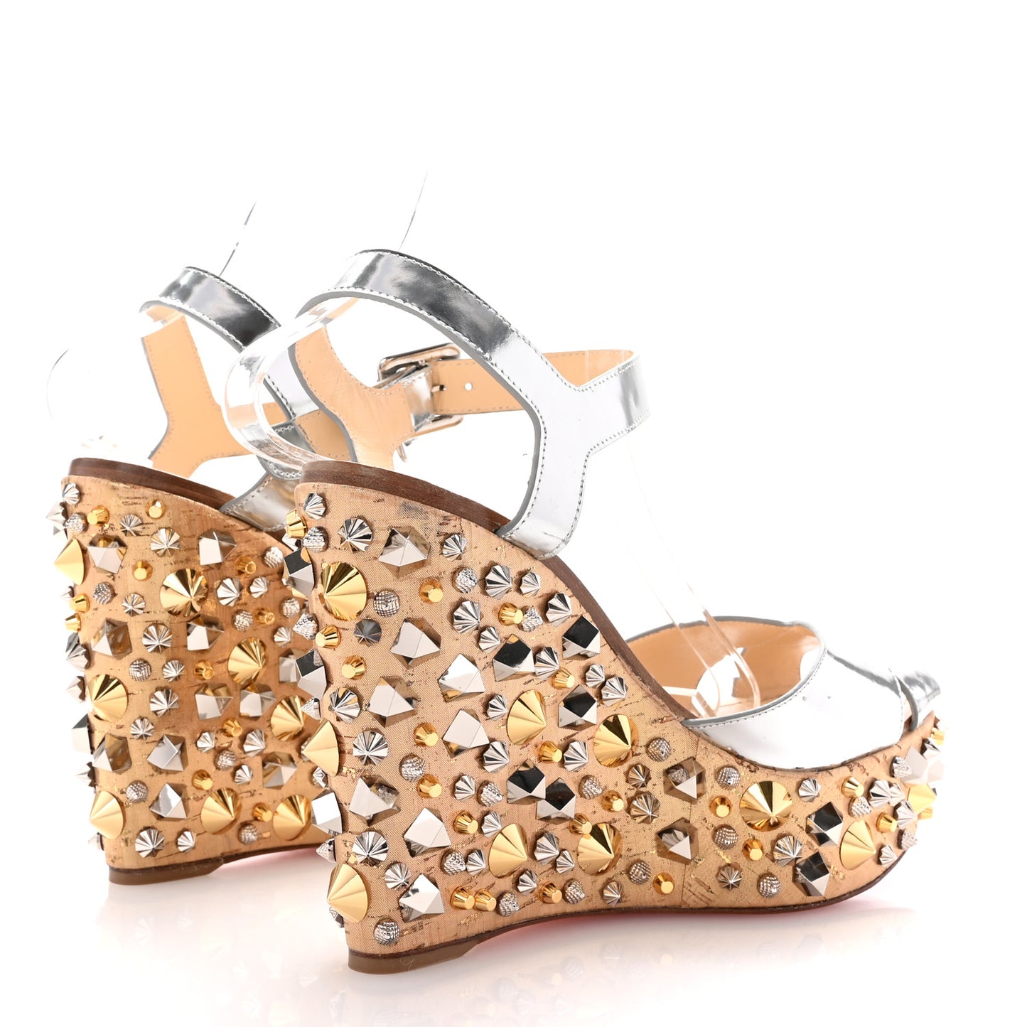 Calfskin Lame Cork Almericca 120 Studded Wedge Sandals 40 Silver