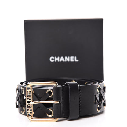 Chanel Calfskin Cross Stitch Grommet Belt 80 32 Black 7 of 7