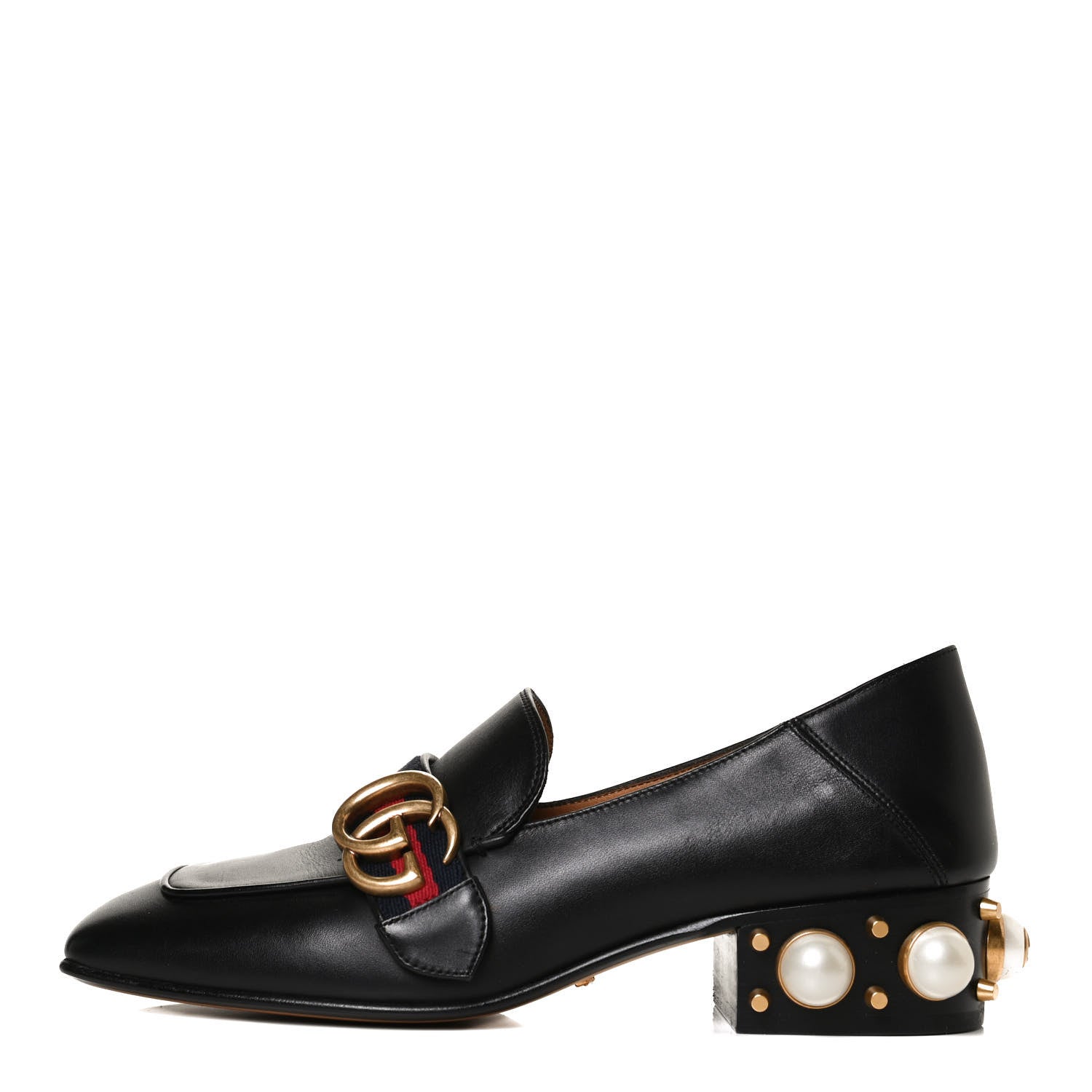 Gucci Betis Glamour Calfskin Web Pearl Embellished Peyton 35mm Loafer Pumps 36 Black 1 of 10