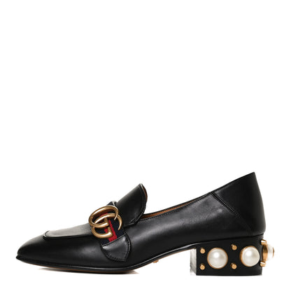 Gucci Betis Glamour Calfskin Web Pearl Embellished Peyton 35mm Loafer Pumps 36 Black 1 of 10