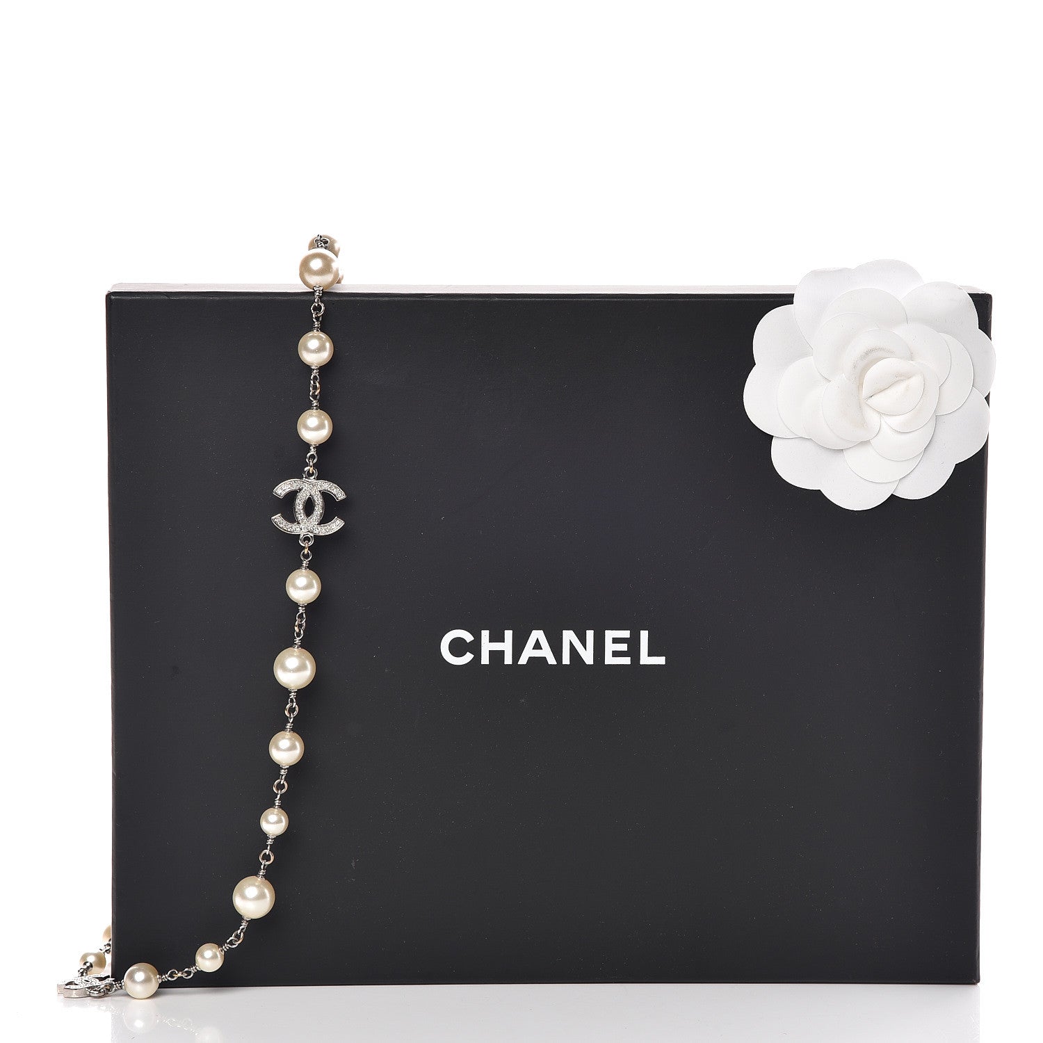 Chanel Crystal Pearl CC Long Necklace Silver 5 of 5