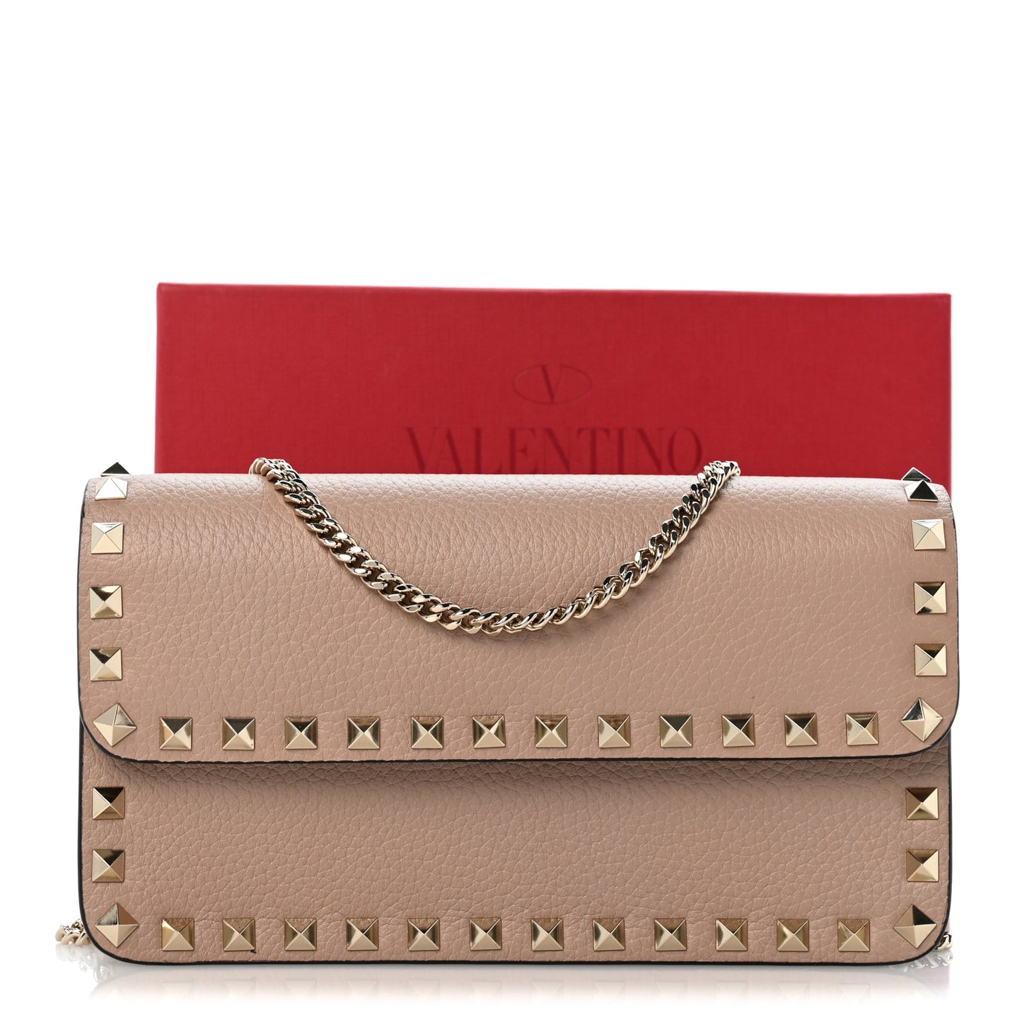 Pebbled Calfskin Rockstud Flap Wallet On Chain Poudre