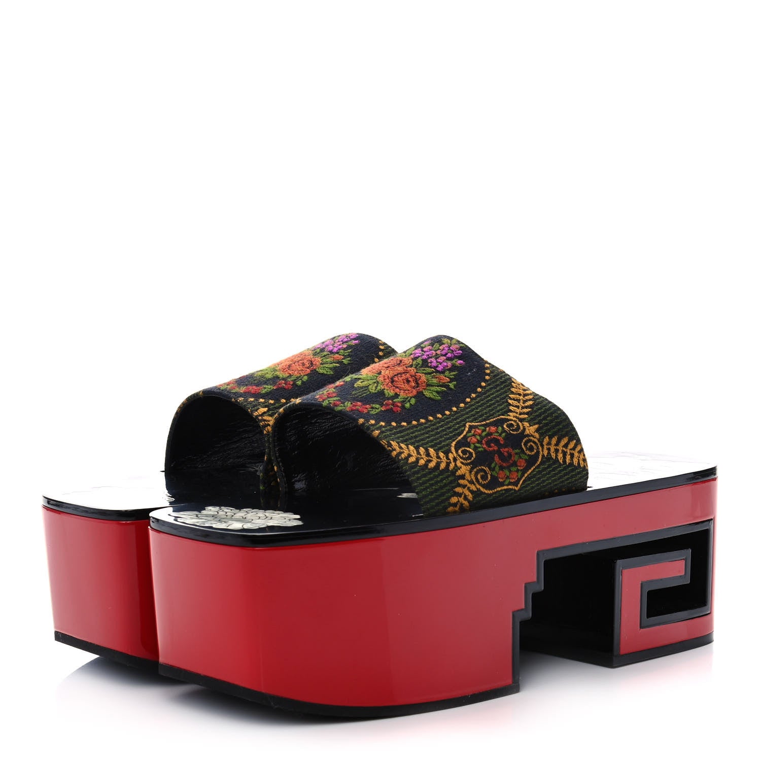 Gucci Patent Mother of Pearl Jacquard Square G Roses Platform Slide Sandals 39 Multicolor 3 of 10