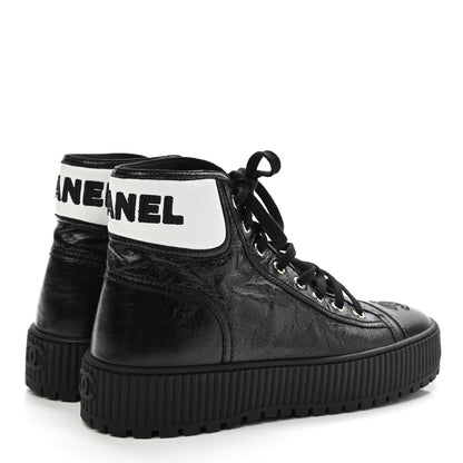 Chanel Aged Calfskin Lace Up Cap Toe Sneakers 40 Black White 4 of 8