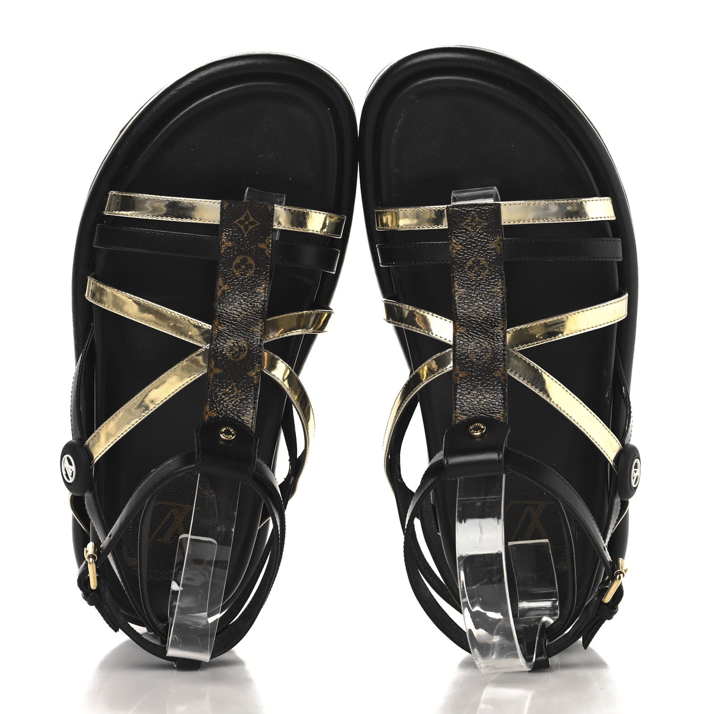 Patent Calfskin Monogram Pool Pillow Comfort Sandals 39 Gold Black Brown