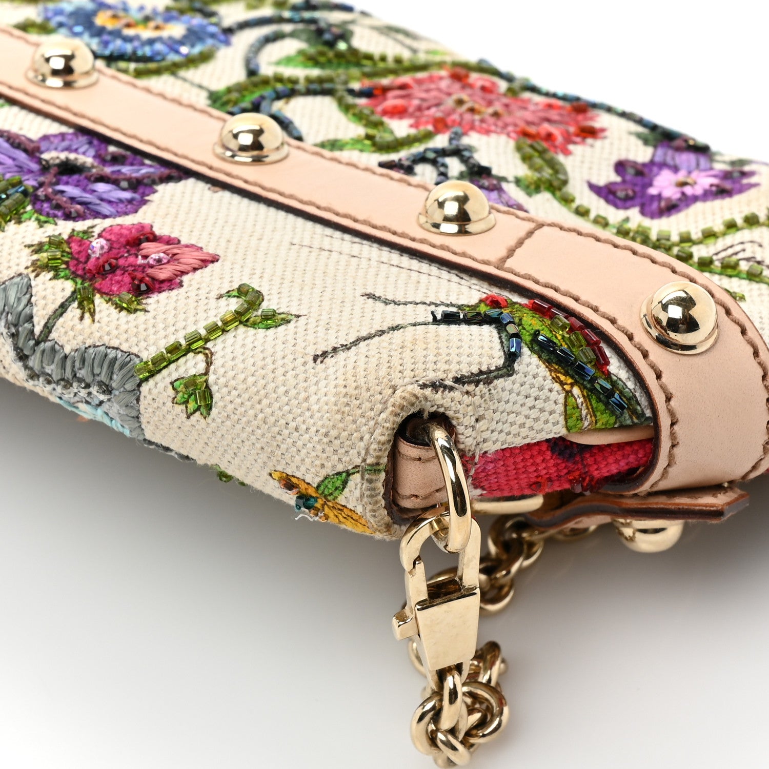 Gucci Canvas Flora Floral Beaded Small Horsebit Chain Clutch White