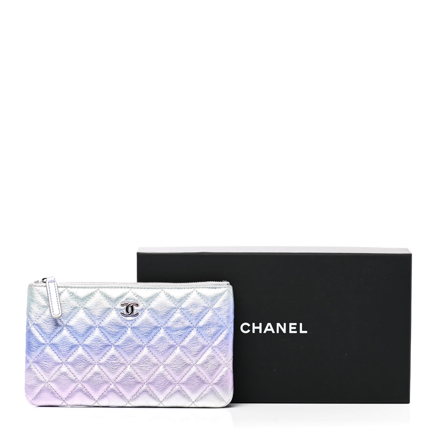 Gradient Metallic Calfskin Quilted Cosmetic Case Silver Blue Yellow Purple