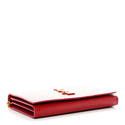 Saint Laurent Calfskin Crocodile Embossed Monogram Chain Wallet New Lipstick Red 4 of 13