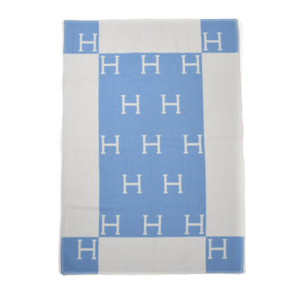 Hermes Wool Cashmere Avalon Baby Blanket Bleu Genievre White 1 of 4