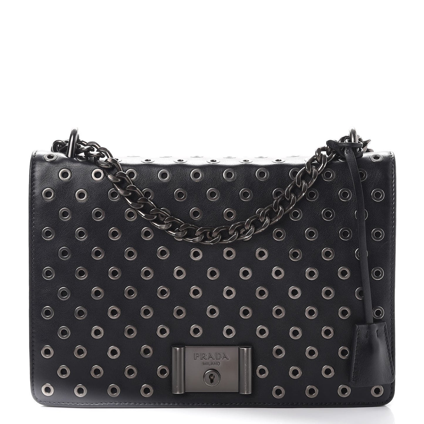 Soft Calf Grommet Lock Flap Chain Shoulder Bag Black