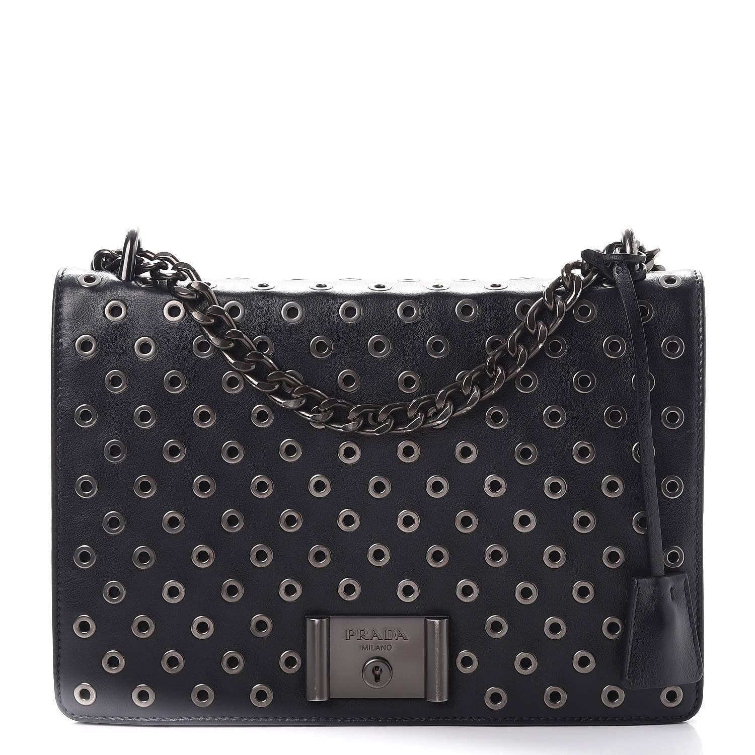 Prada Soft Calf Grommet Lock Flap Chain Shoulder Bag Black 1 of 10