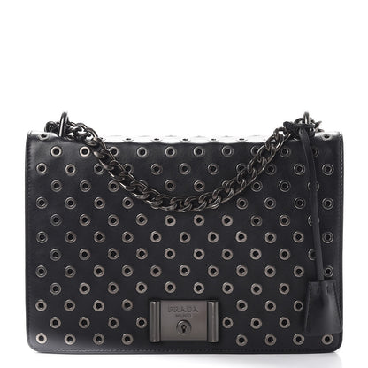 Prada Soft Calf Grommet Lock Flap Chain Shoulder Bag Black 1 of 10
