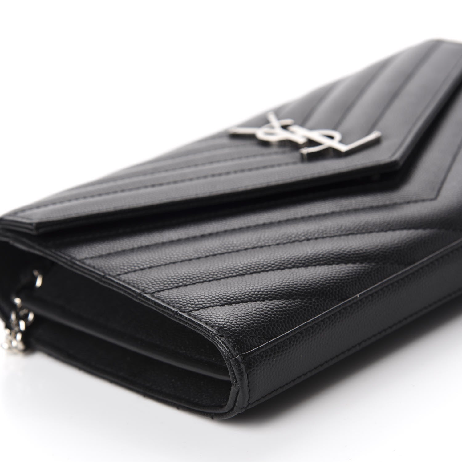 Saint Laurent Grain De Poudre Matelasse Chevron Monogram Chain Wallet Black 6 of 13