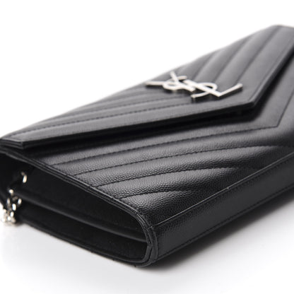 Saint Laurent Grain De Poudre Matelasse Chevron Monogram Chain Wallet Black 6 of 13