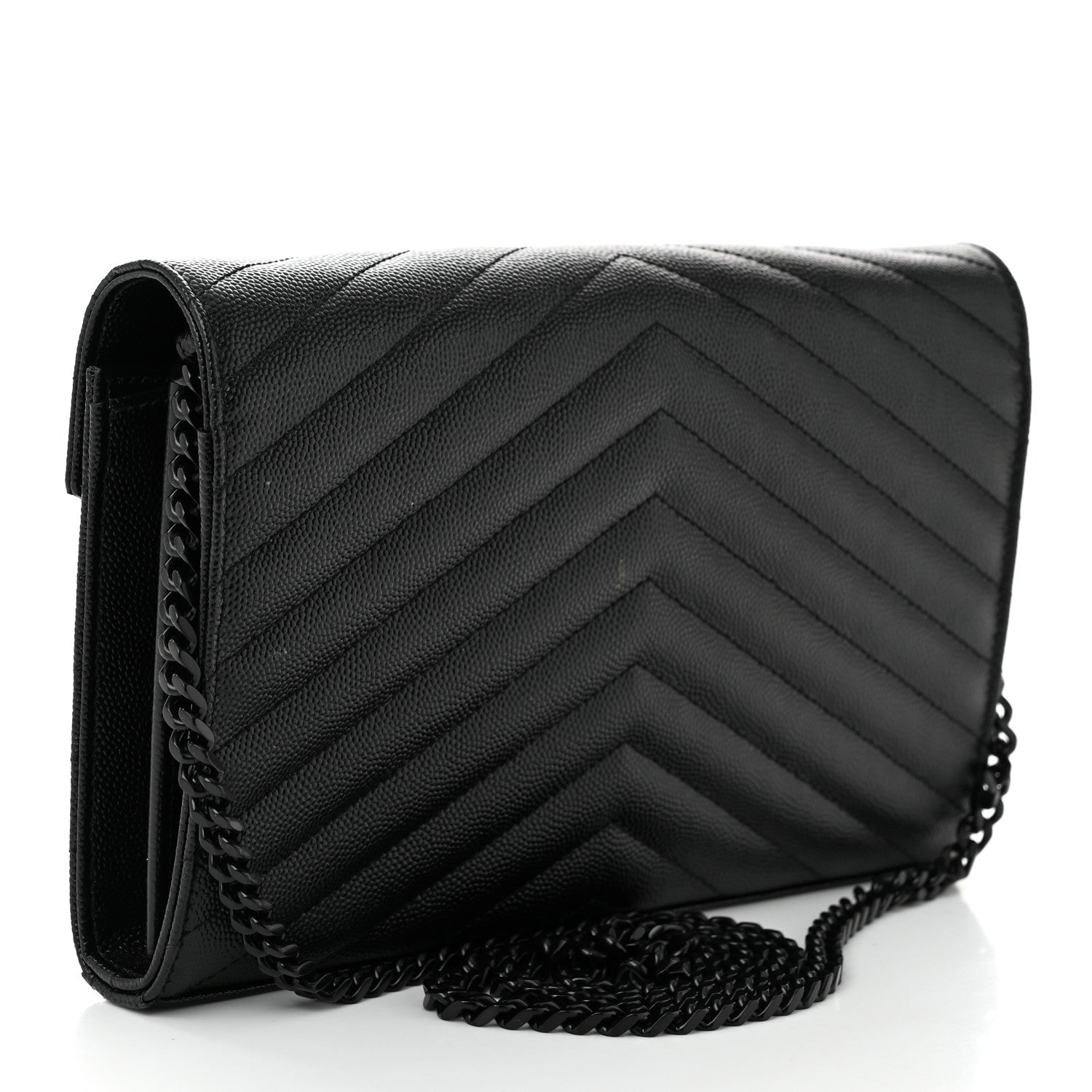 Saint Laurent Grain De Poudre Matelasse Chevron Monogram Monochrome Chain Wallet Black 3 of 12