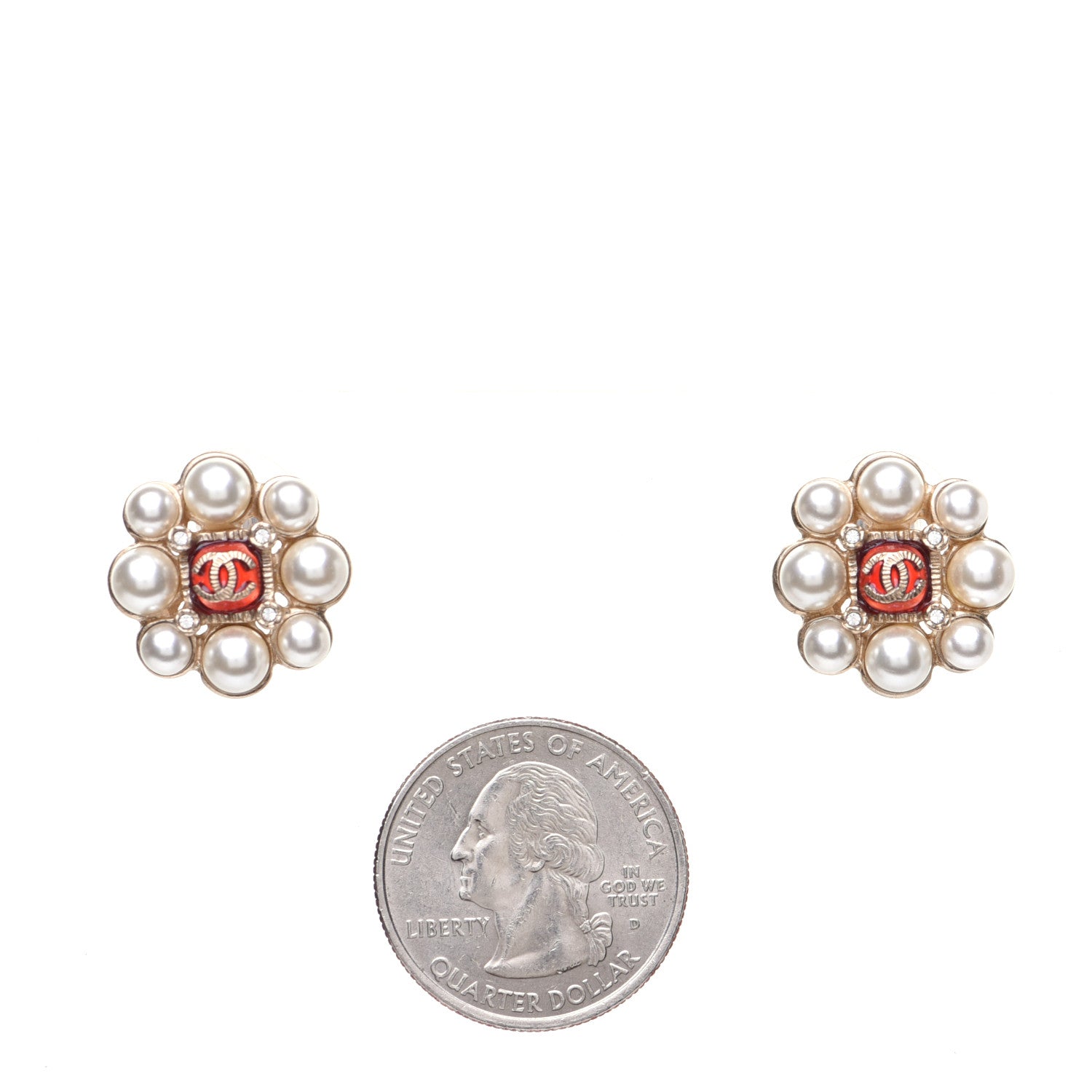 Chanel Gripoix Poured Glass Pearl Crystal CC Earrings Red Gold 2 of 6