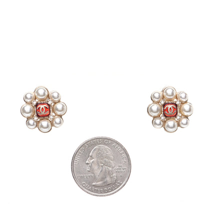Chanel Gripoix Poured Glass Pearl Crystal CC Earrings Red Gold 2 of 6