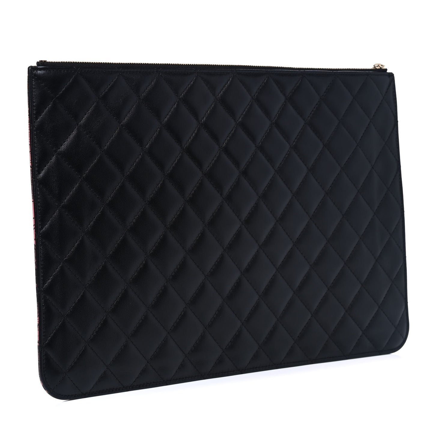 Coated Canvas Lambskin Quilted Large Camellia Cosmetic Case Pink Black