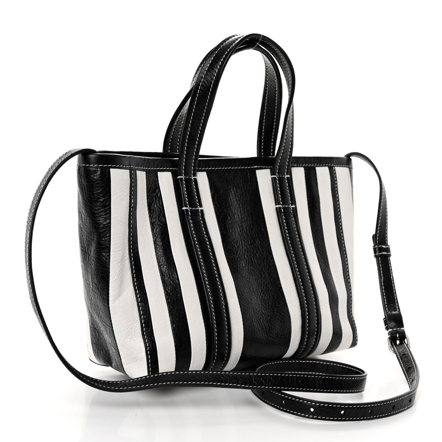 Agneau Arena Striped Patchwork Small Barbes East West Shopper Black White