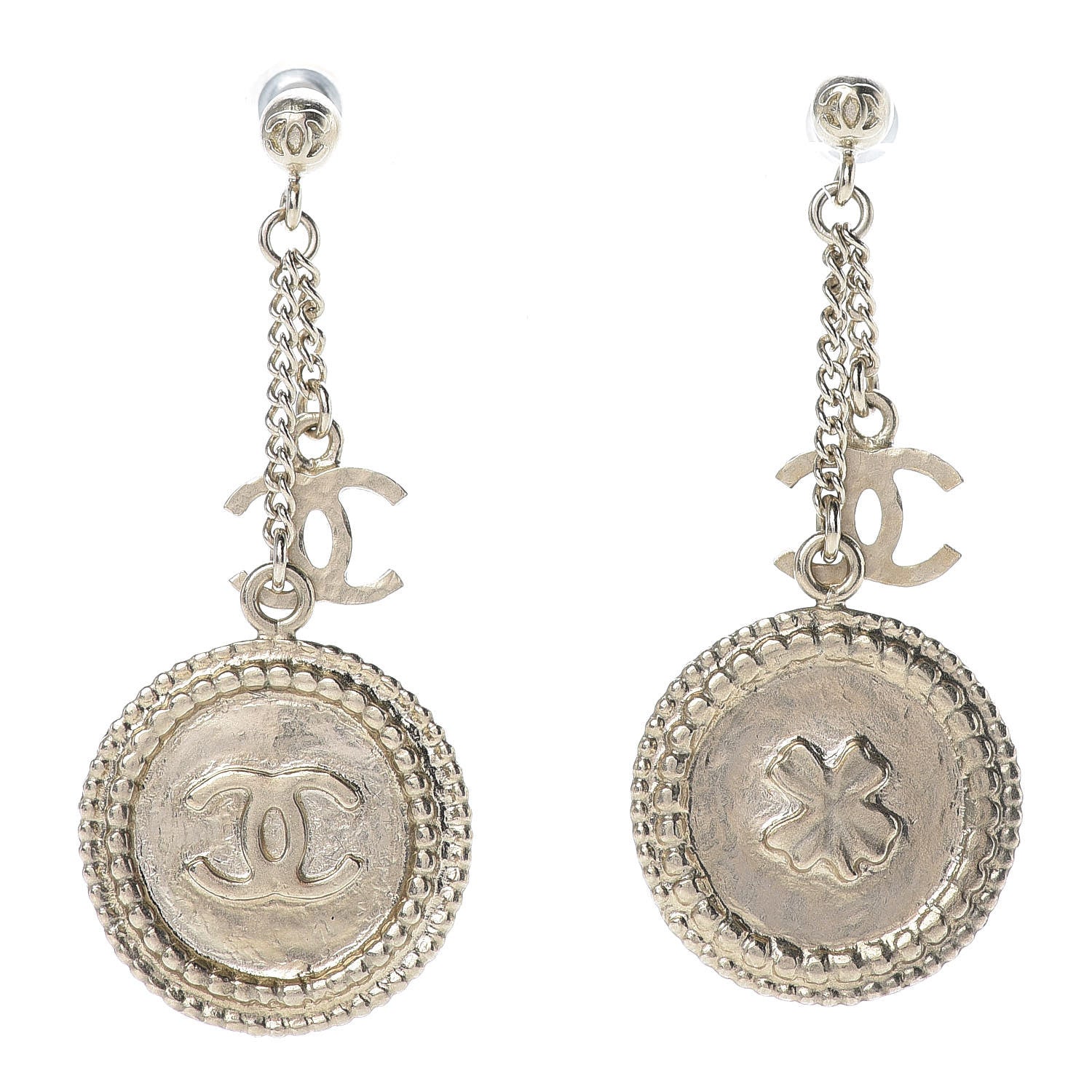 Chanel Medallion Clover CC Drop Earrings Light Gold 1 of 4