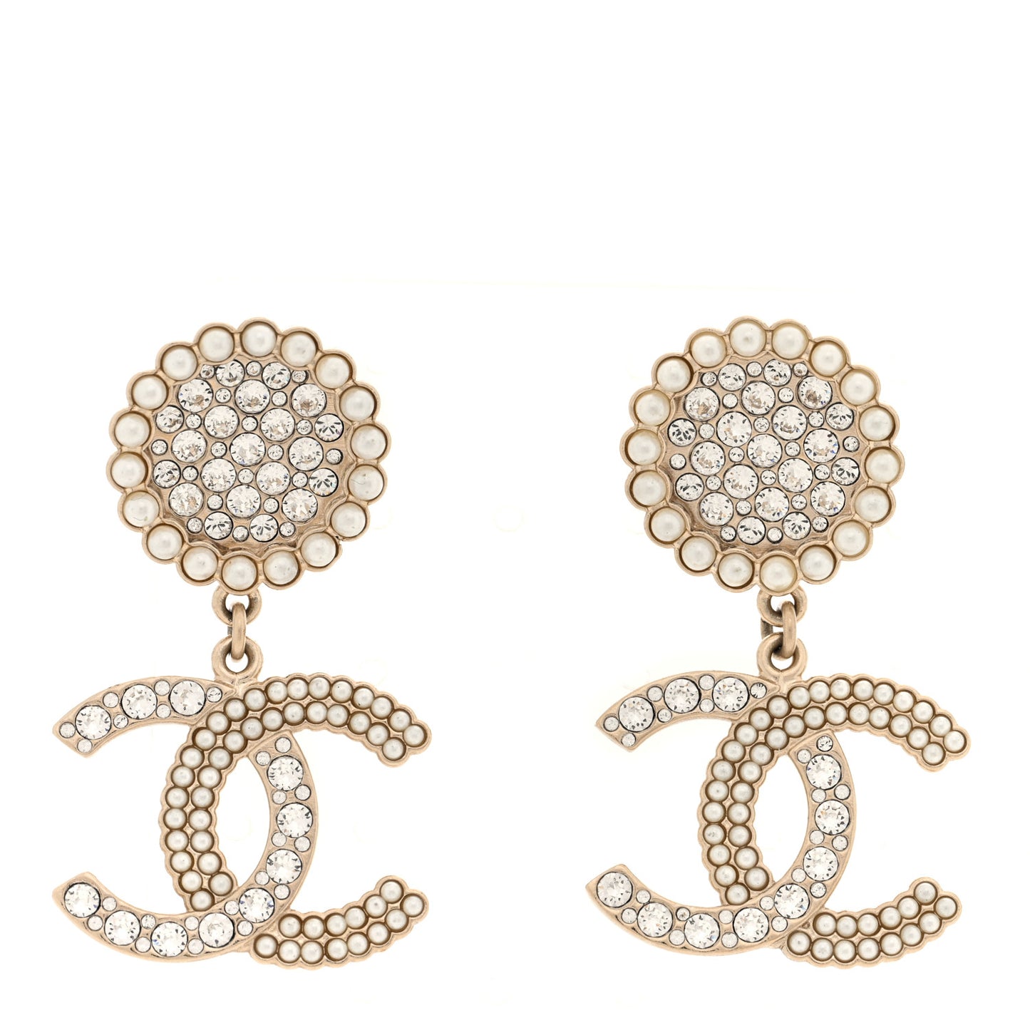 Crystal Pearl CC Drop Round Earrings Gold